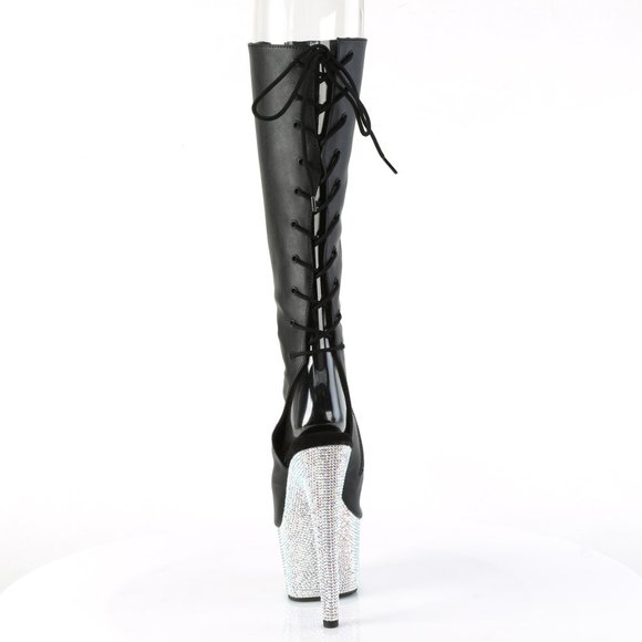 Rhinestone Platform Lace Up Back High Heel Knee Boots - Picture 3 of 5
